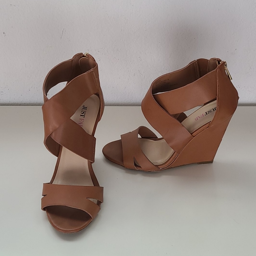 JUST FAB BROWN OPEN TOE WEDGE SANDALS